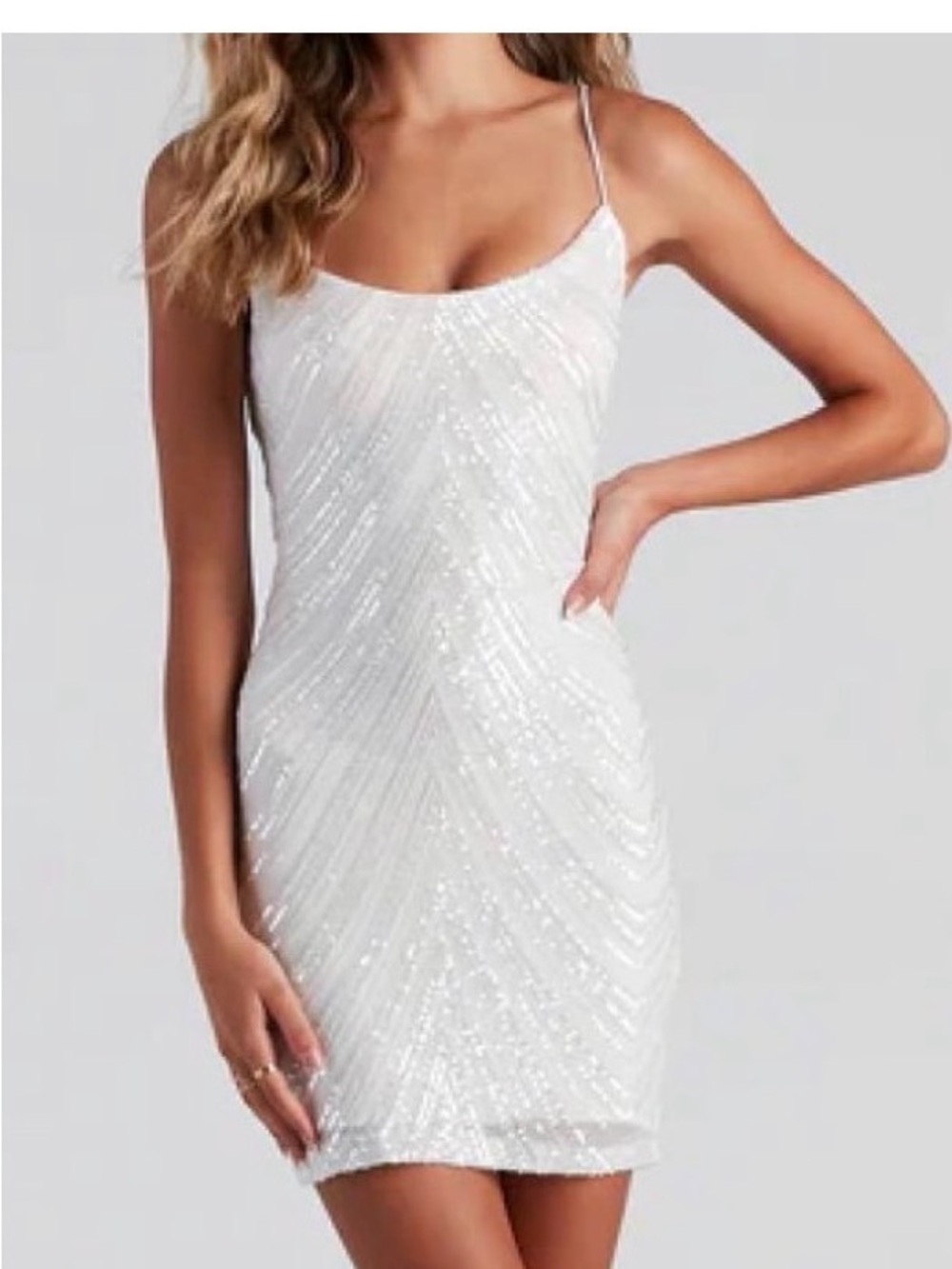 Windsor Yalina formal sequin short White Sequin Slip Dress with Spaghetti Straps